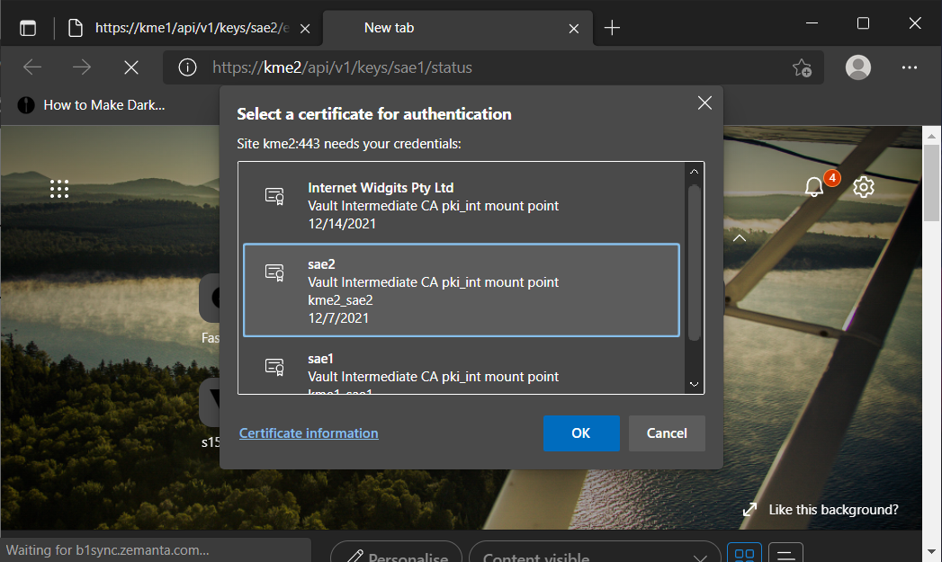 Choose certificate to communicate to kme2