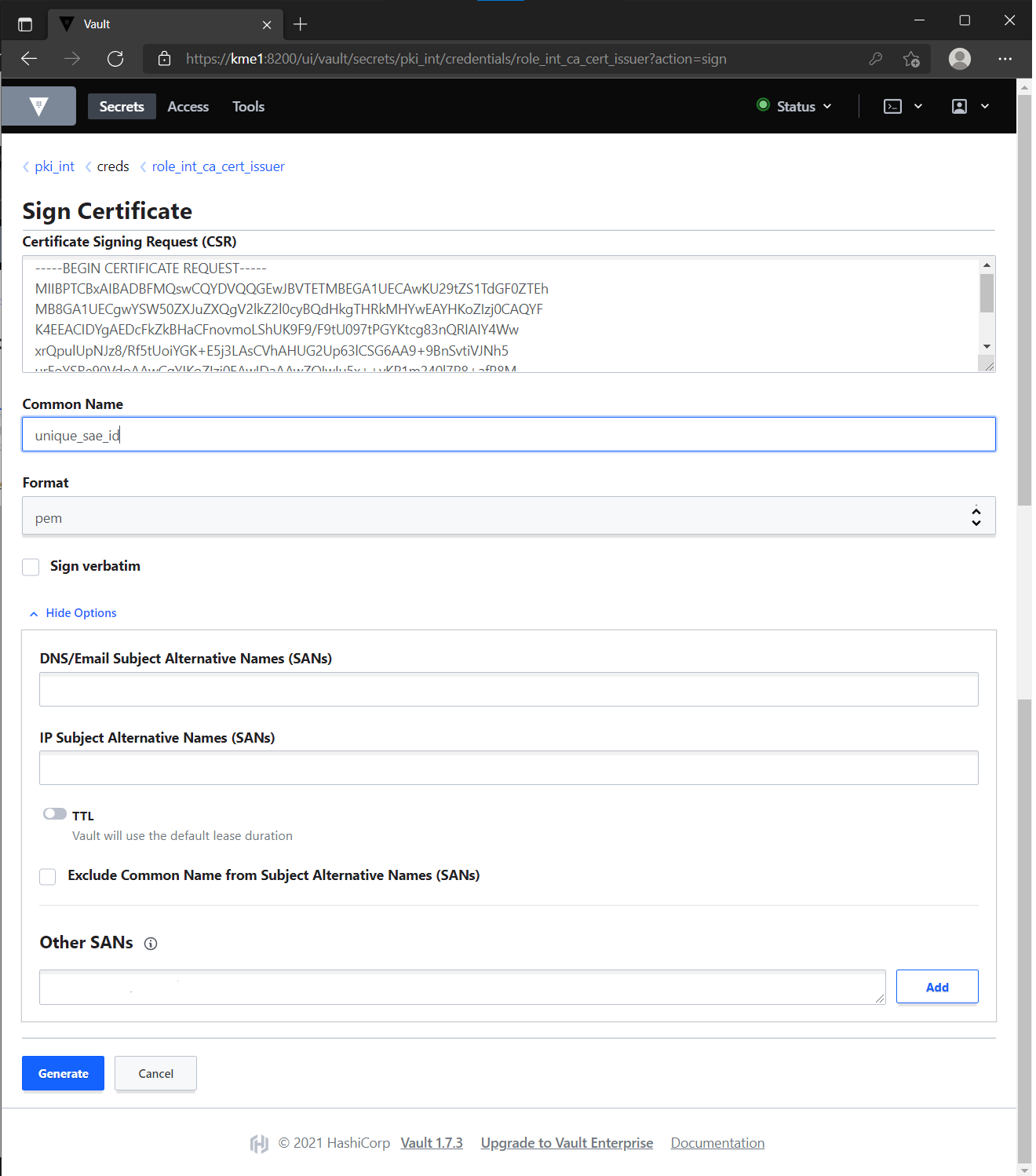 Certificate signing request with options